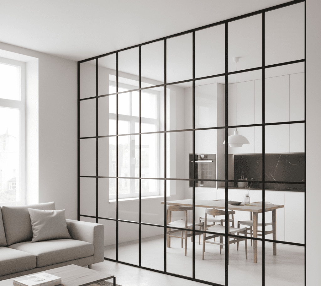 Cerramiento de aluminio estilo "Ventana Rota" para dividir cocina y salón. Diseño industrial que amplifica la luz natural.