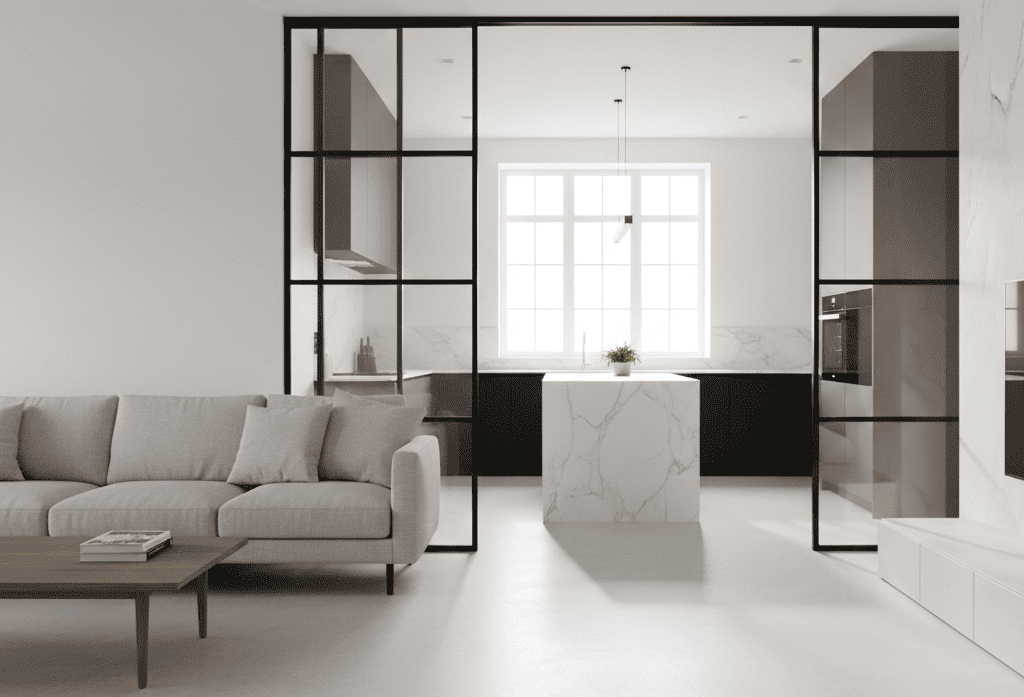 Cerramiento divisor de ambientes de aluminio negro minimalista para salón-cocina. Estilo industrial que maximiza el paso de luz.