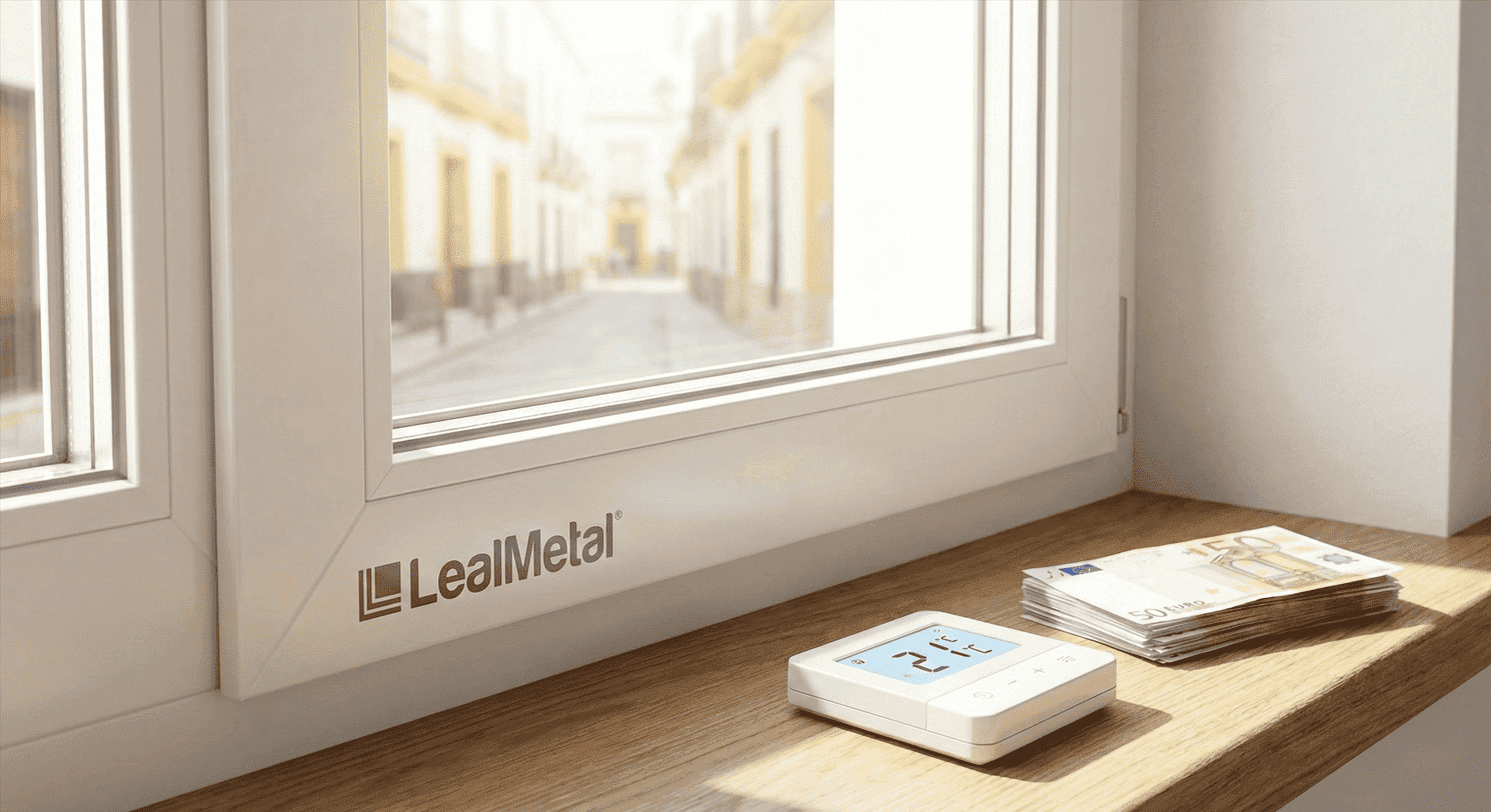 Primer plano de una ventana aislante de LealMetal en Sevilla, con un termostato a 21°C y billetes de euro que representan el ahorro energético y confort.